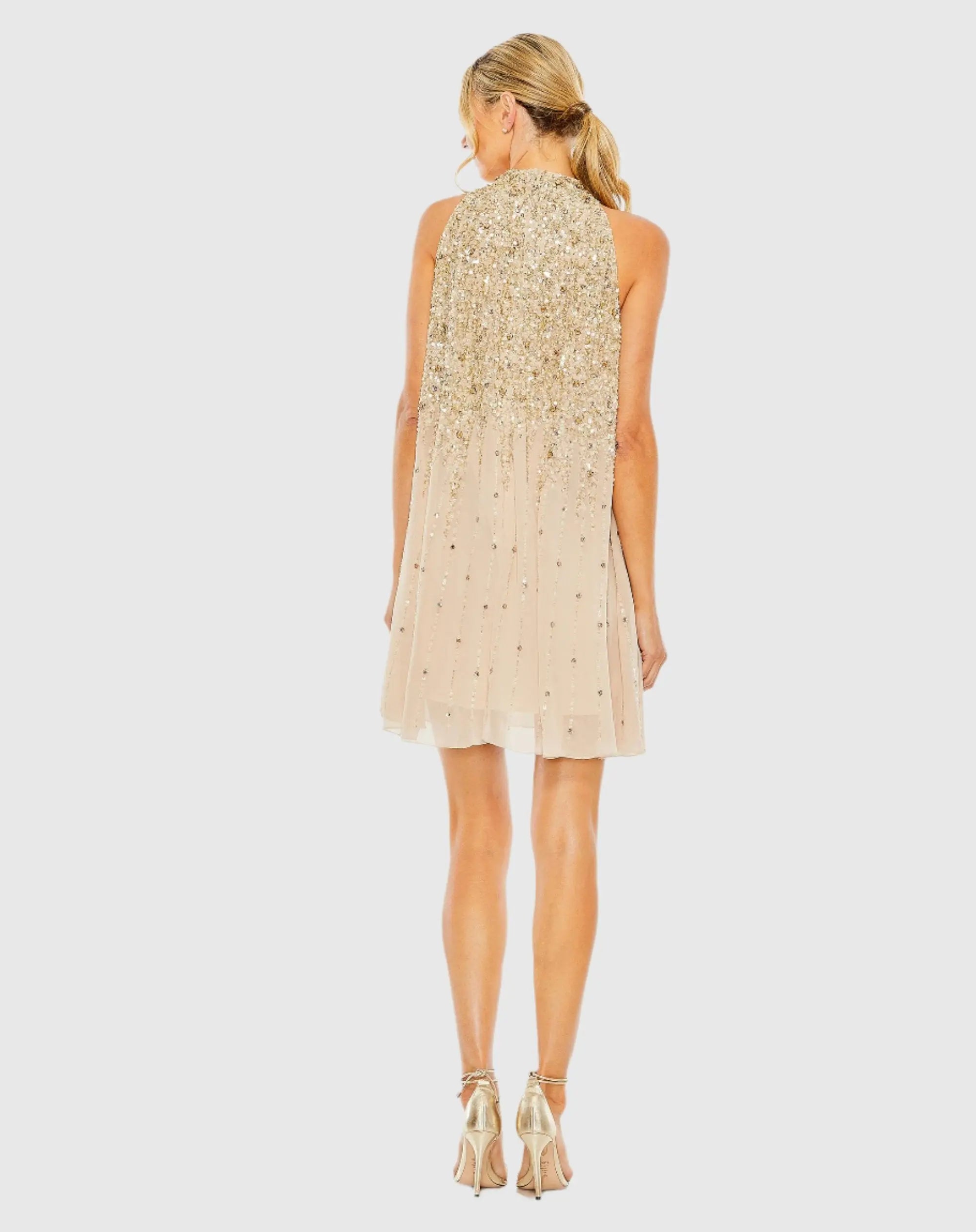 Beige High Neck Sleeveless Sequin Embellished Trapeze Dress - Image 3