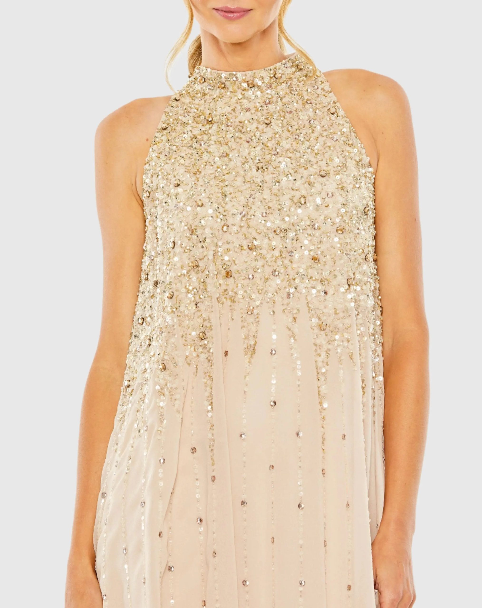 Beige High Neck Sleeveless Sequin Embellished Trapeze Dress - Image 2