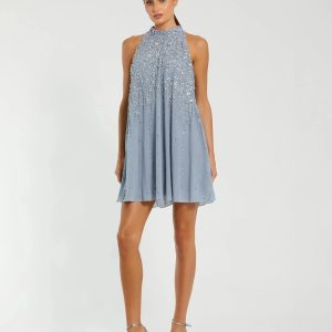 Blue High Neck Sleeveless Sequin Embellished Trapeze Dress