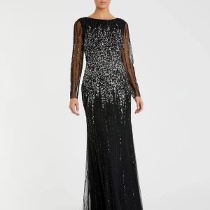 Black Boat Neck Sequin Embellished Long Sleeve A Line Gown