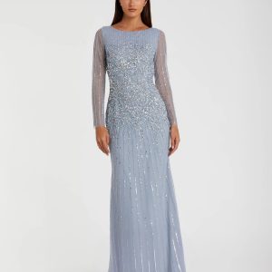 Blue Boat Neck Sequin Embellished Long Sleeve A Line Gown