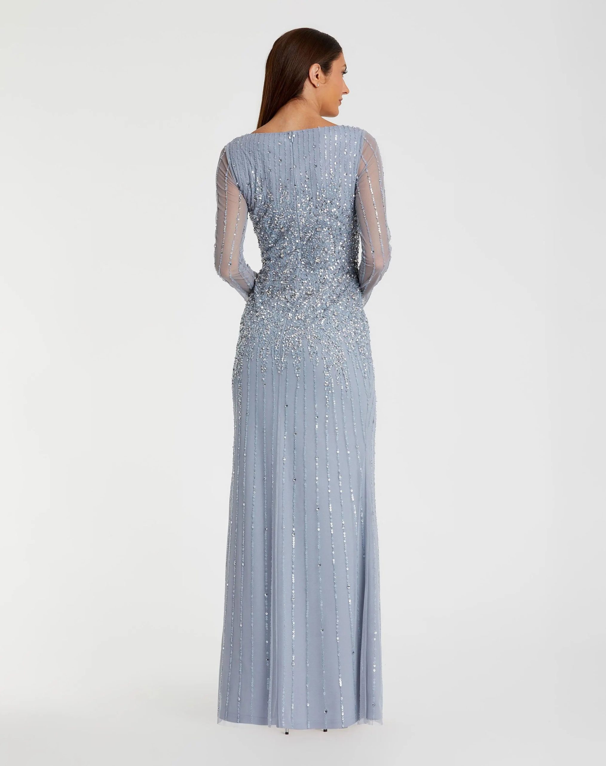 Blue Boat Neck Sequin Embellished Long Sleeve A Line Gown - Image 3