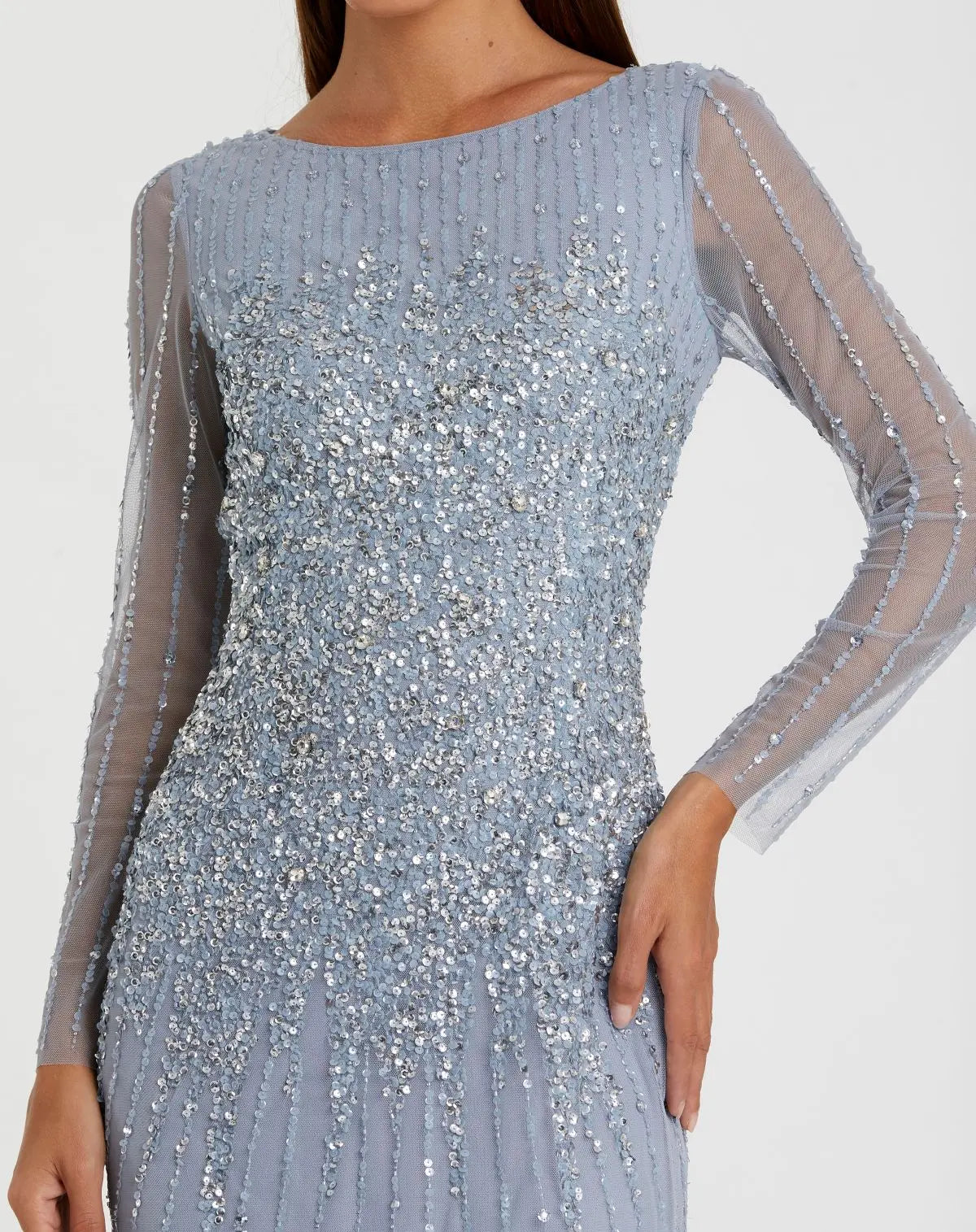 Blue Boat Neck Sequin Embellished Long Sleeve A Line Gown - Image 2