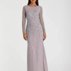 Purple Boat Neck Sequin Embellished Long Sleeve A Line Gown