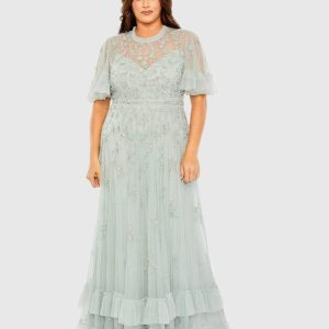Green Embellished Flutter Sleeve Ruffle Tiered Gown