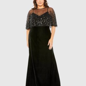 Black Velvet Trumpet Gown With Embellished Cape (Plus)