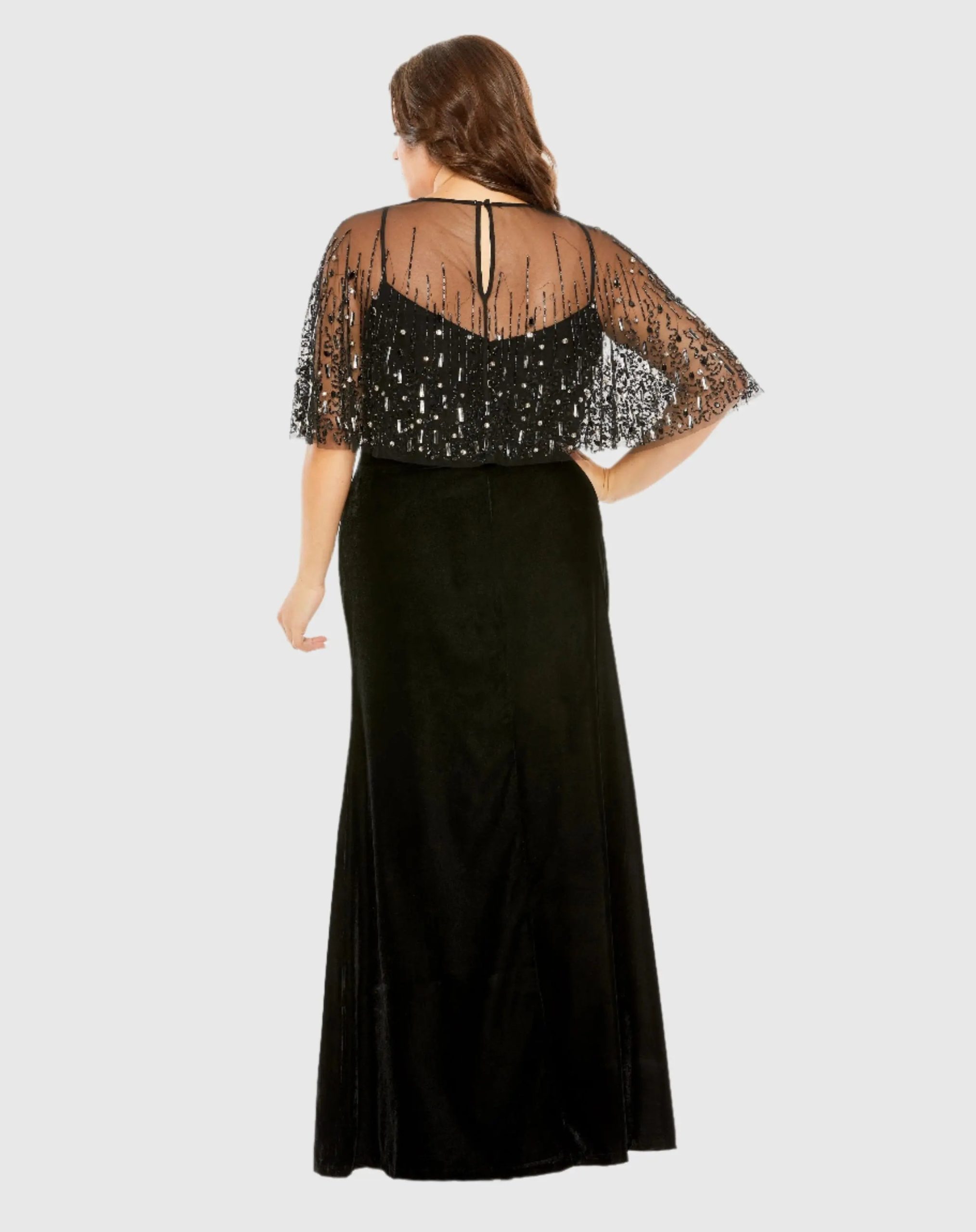 Black Velvet Trumpet Gown With Embellished Cape (Plus) - Image 3