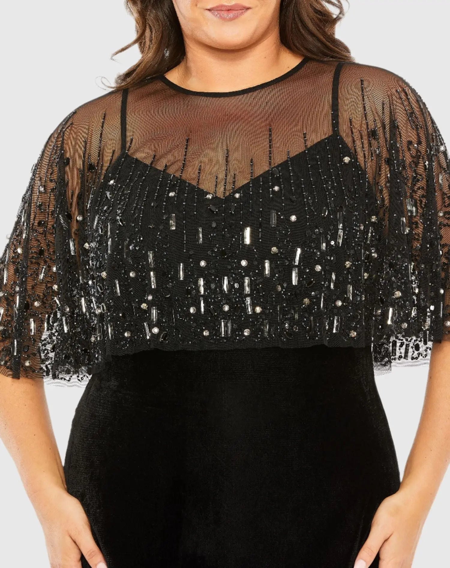 Black Velvet Trumpet Gown With Embellished Cape (Plus) - Image 2