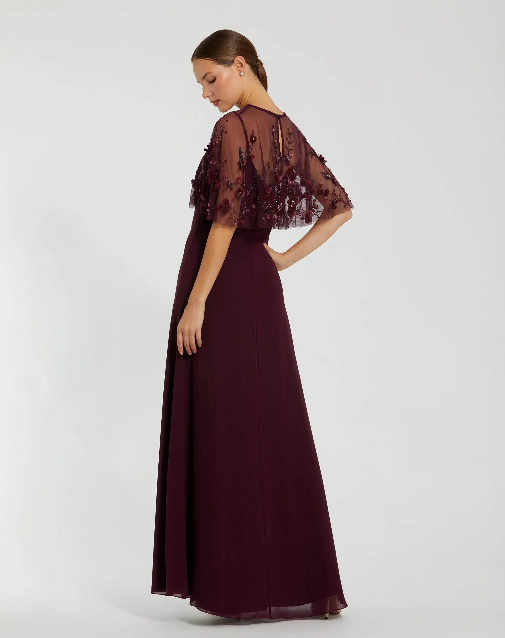 Burgundy Sleeveless Gown With Embellished Cape - Image 3