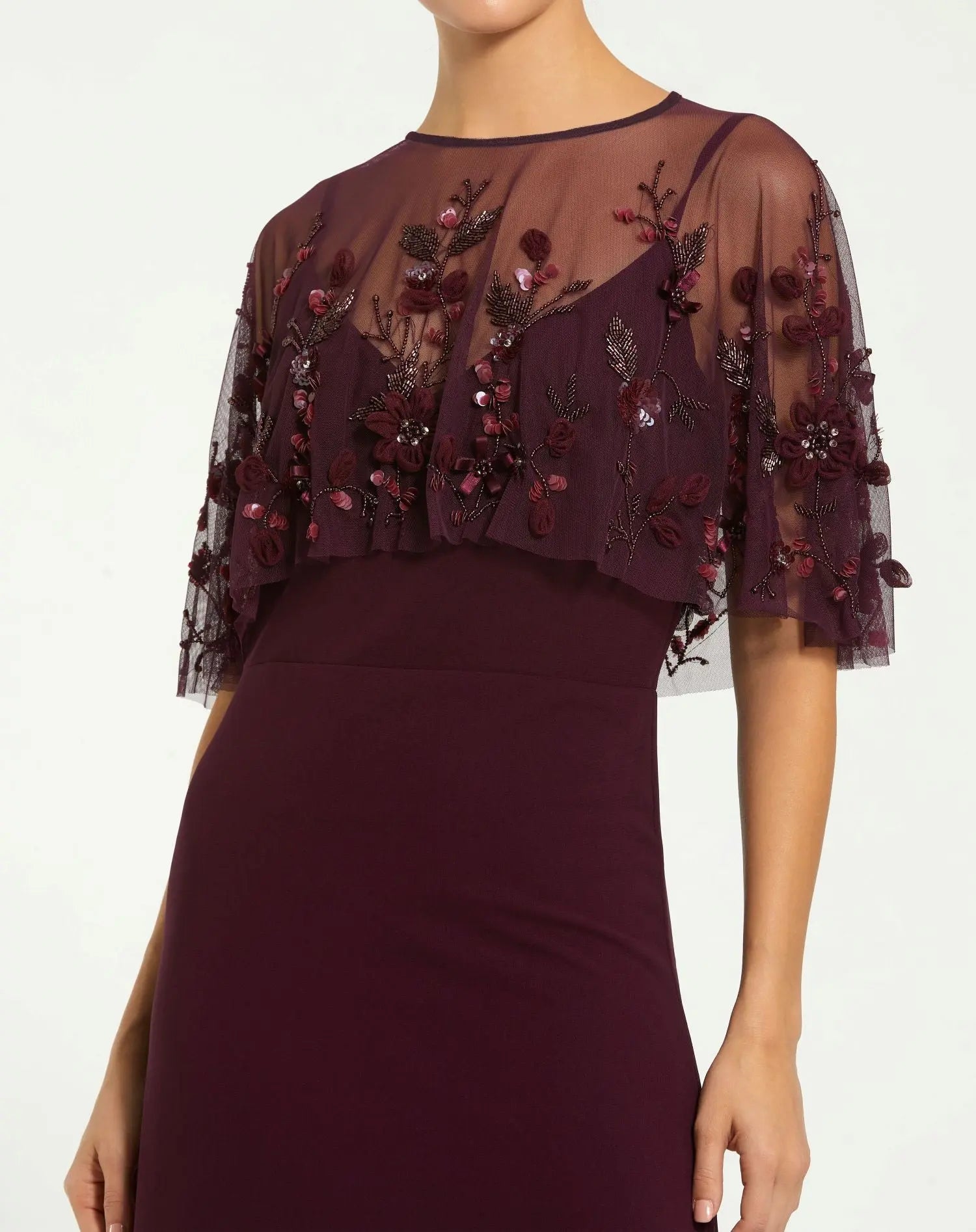 Burgundy Sleeveless Gown With Embellished Cape - Image 2