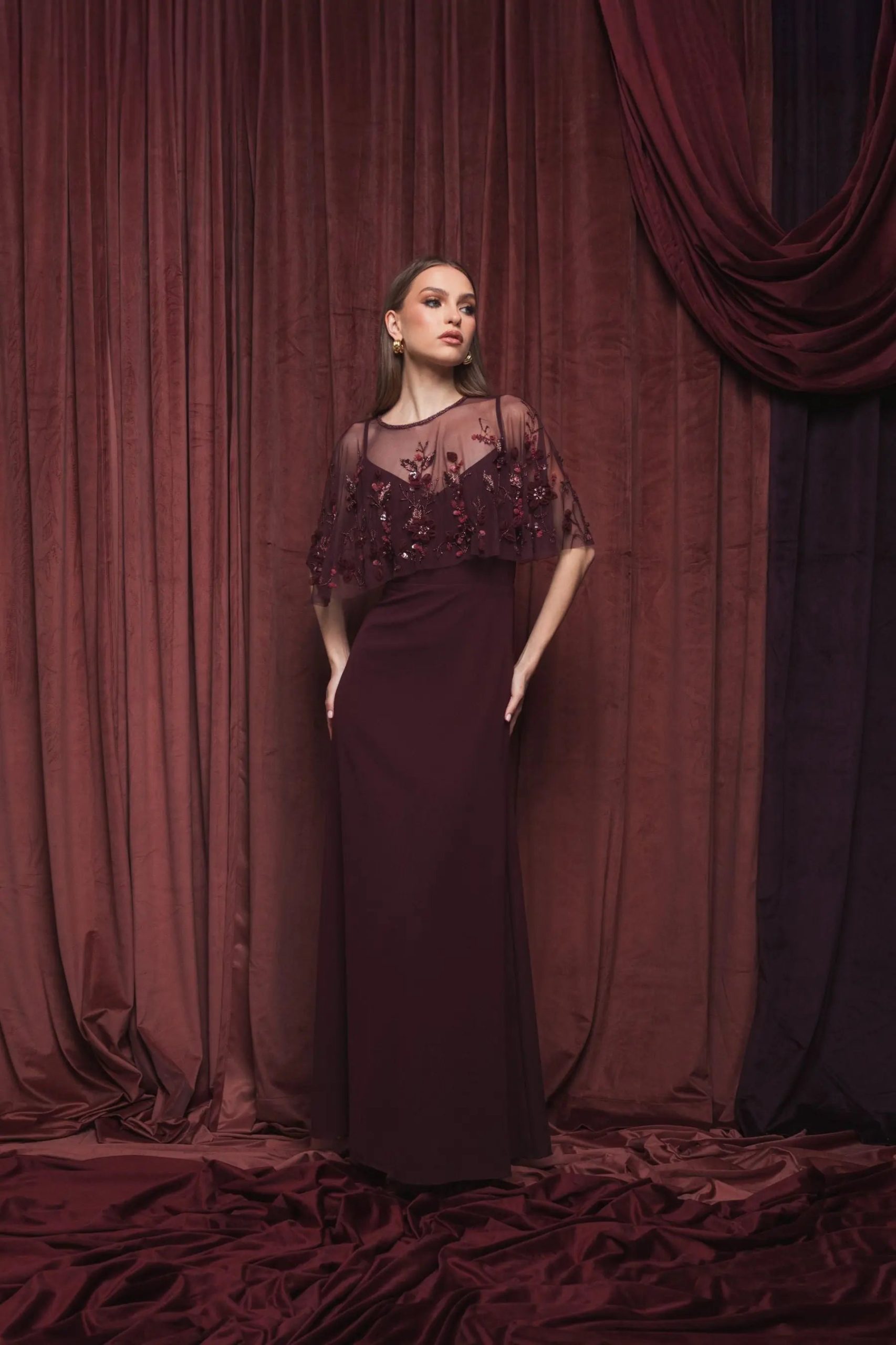 Burgundy Sleeveless Gown With Embellished Cape - Image 4
