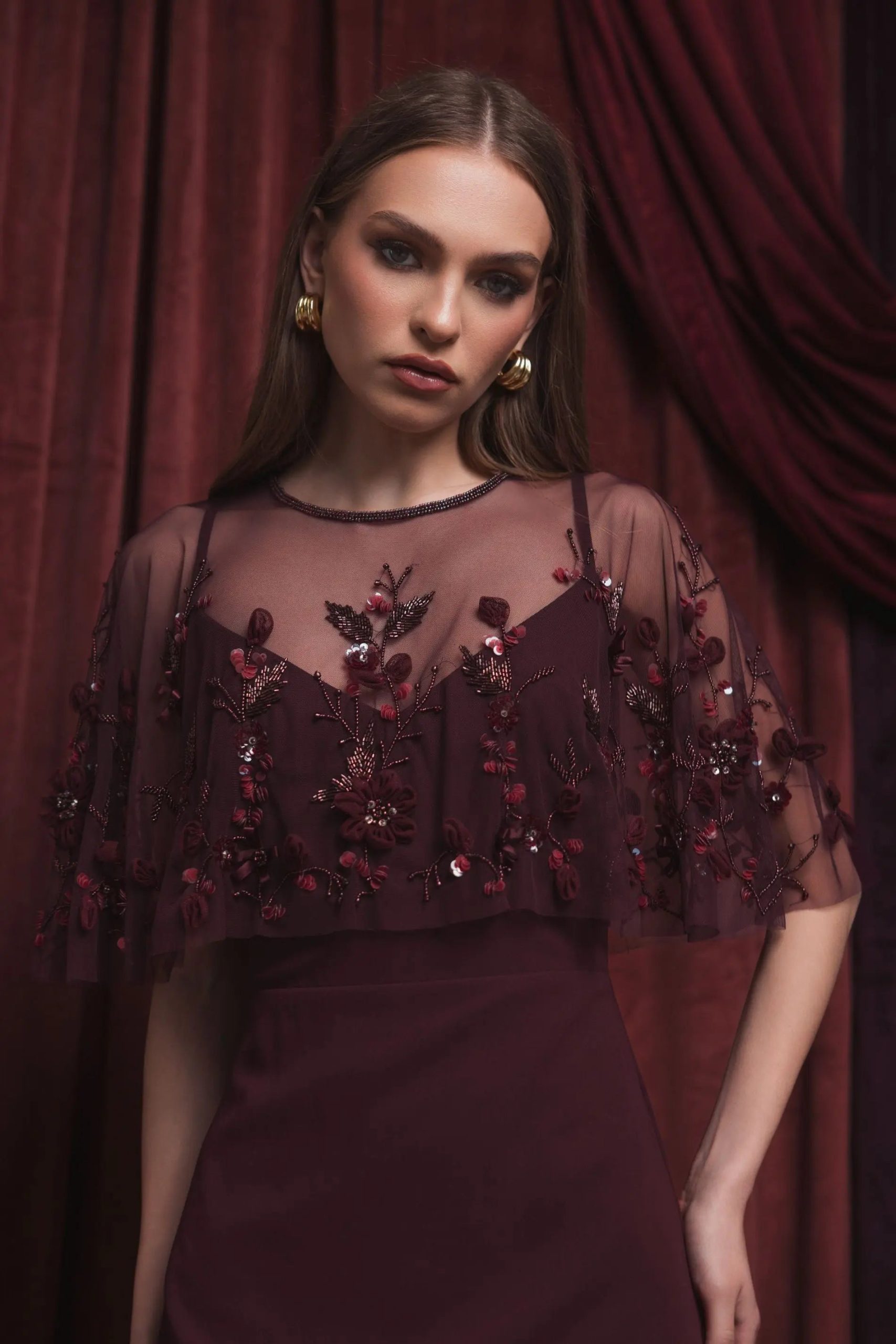 Burgundy Sleeveless Gown With Embellished Cape - Image 5