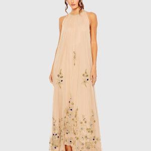 Beige High Neck Floral Embellished Trapeze Gown