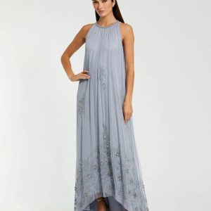 Blue High Neck Floral Embellished Trapeze Gown