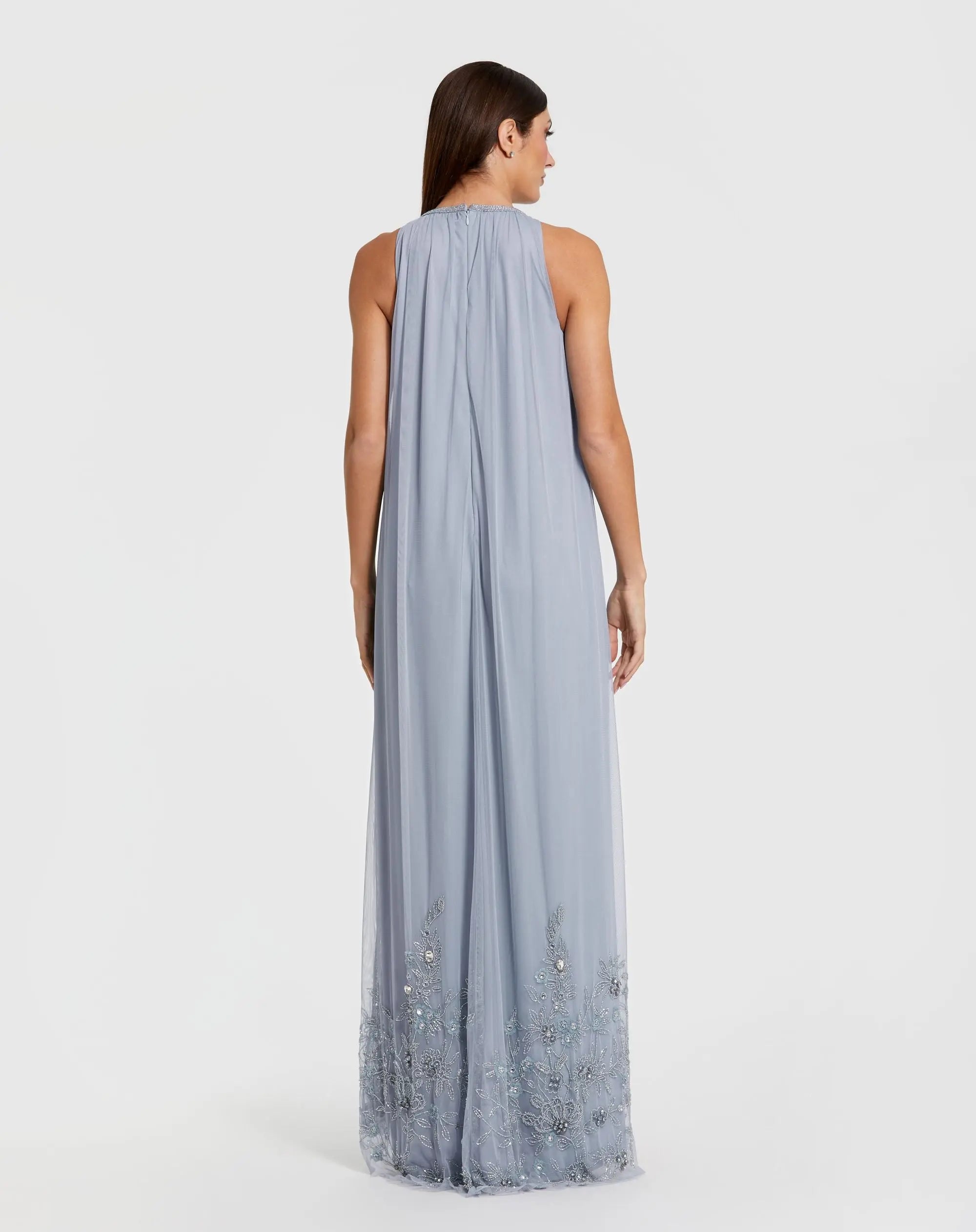 Blue High Neck Floral Embellished Trapeze Gown - Image 3