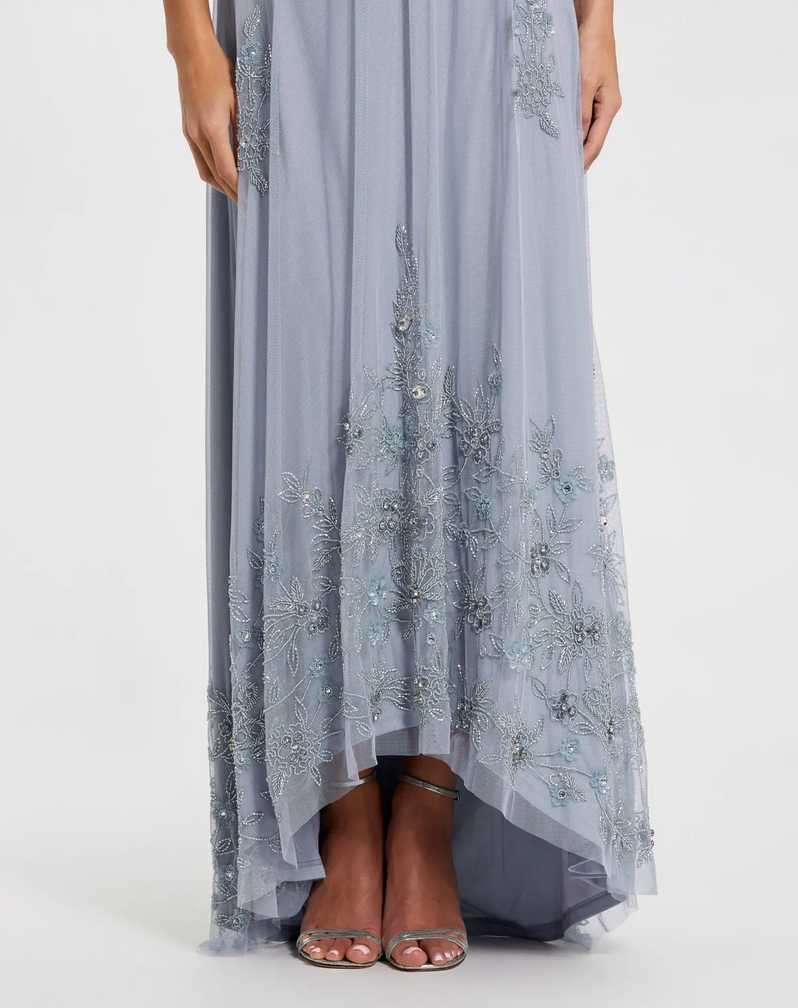 Blue High Neck Floral Embellished Trapeze Gown - Image 2
