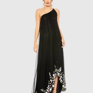 Black One Shoulder Trapeze Embellished High Low Gown