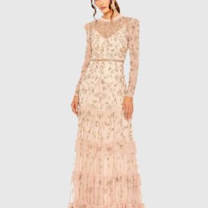 Pink High Neck Flutter Cap Long Sleeve Tiered Embellished Gown