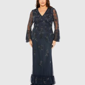 Navy V-neck Embellished Long Sleeve Gown - FINAL SALE