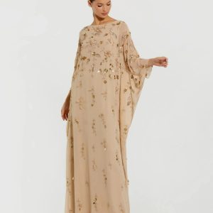 Beige Floral Embellished Kaftan Gown