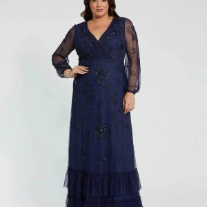 Navy Puff Sleeve V-Neck Tiered Embellished Gown (Plus)