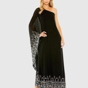 Black One Shoulder Embellished Trapeze Gown - FINAL SALE