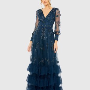 Navy Mesh Long Sleeve V-Neck Tiered A Line Gown