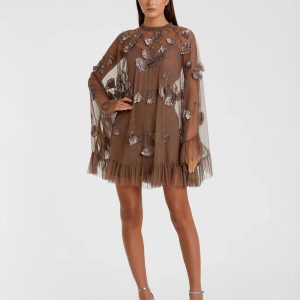 Brown Embellished Long Sleeve Trapeze Dress with Ruffle Hem