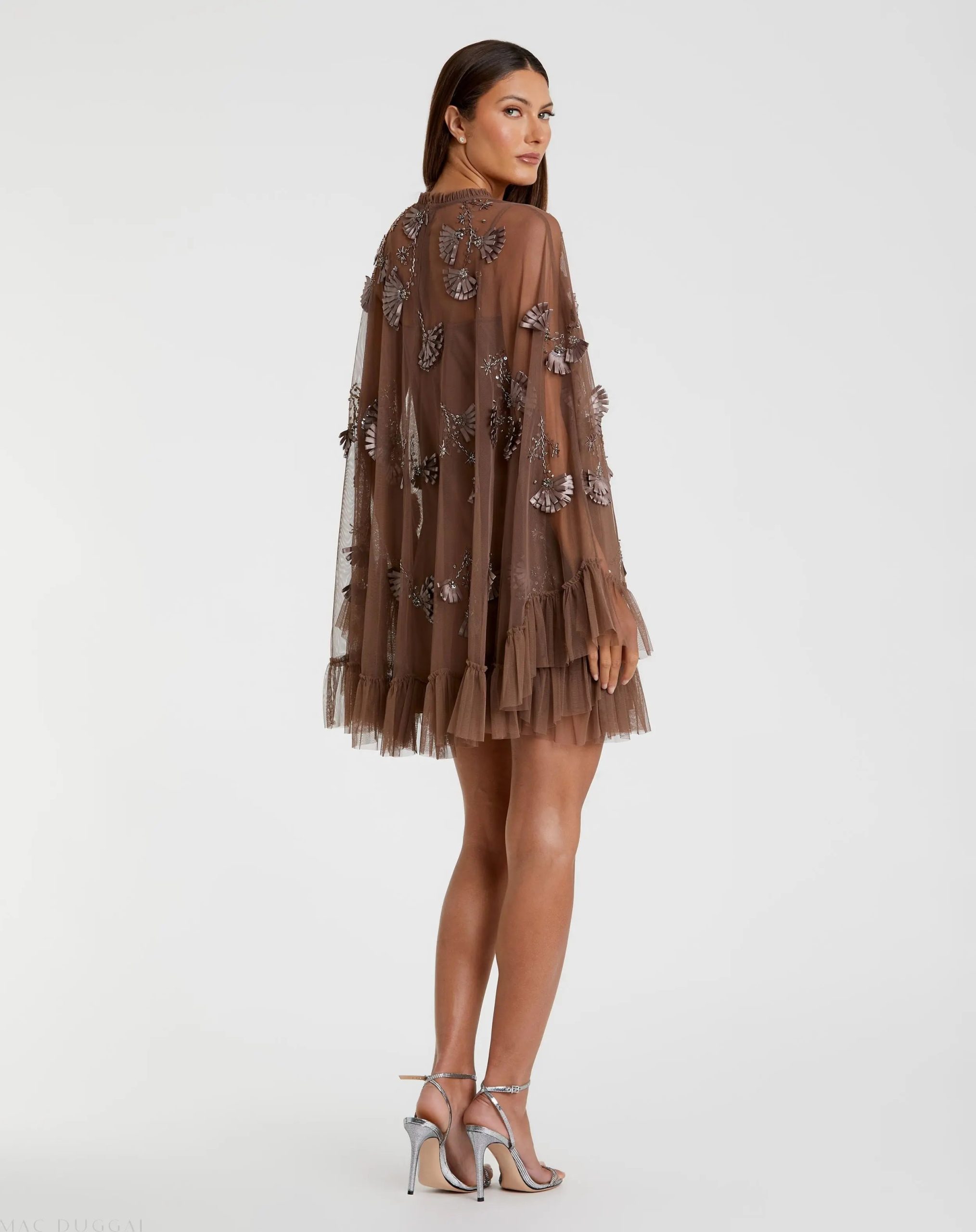 Brown Embellished Long Sleeve Trapeze Dress with Ruffle Hem - Image 3