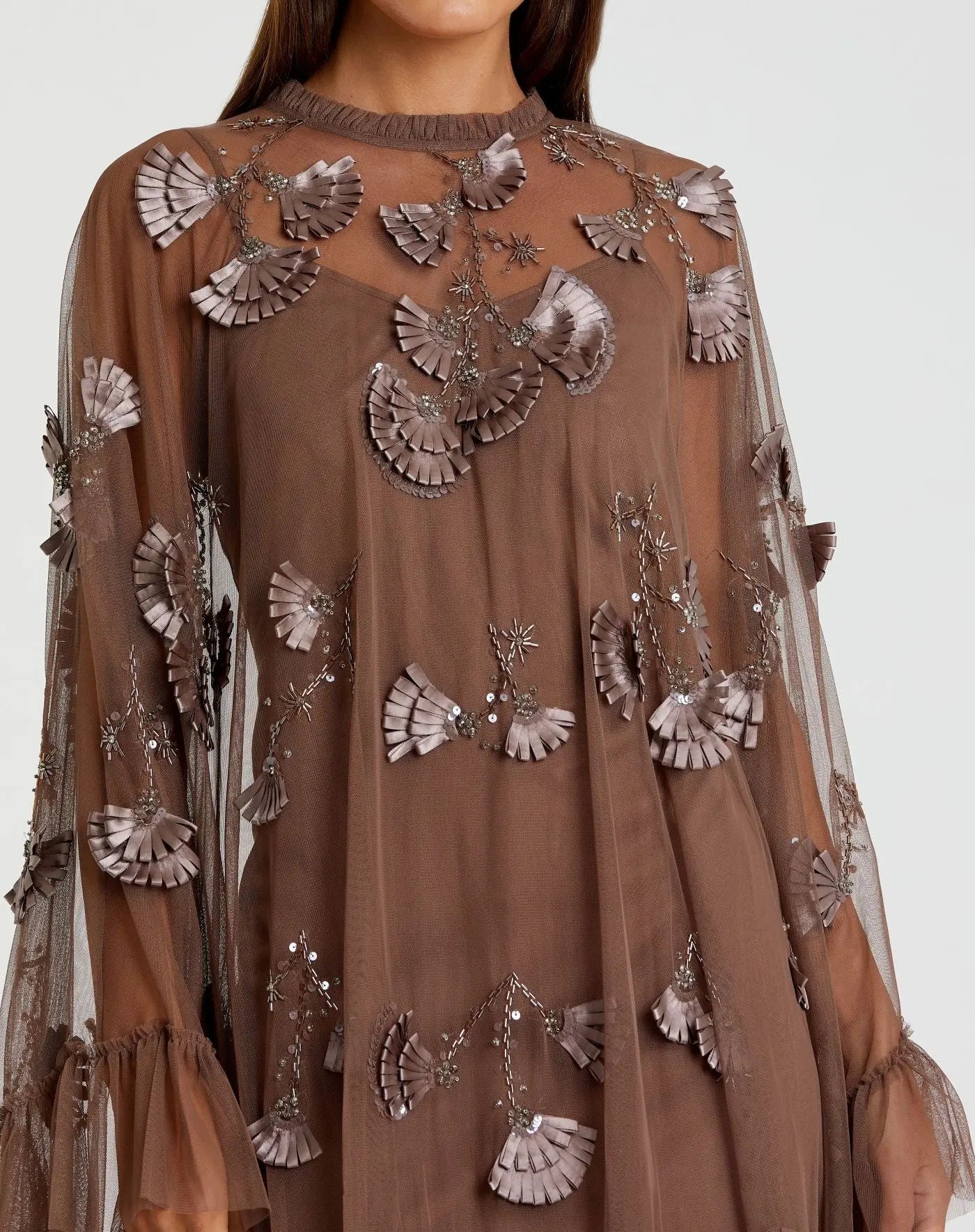 Brown Embellished Long Sleeve Trapeze Dress with Ruffle Hem - Image 2