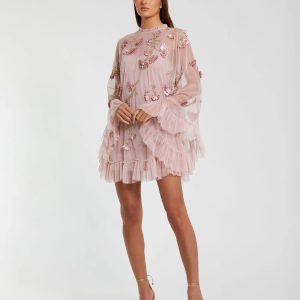 Pink Embellished Long Sleeve Trapeze Dress with Ruffle Hem