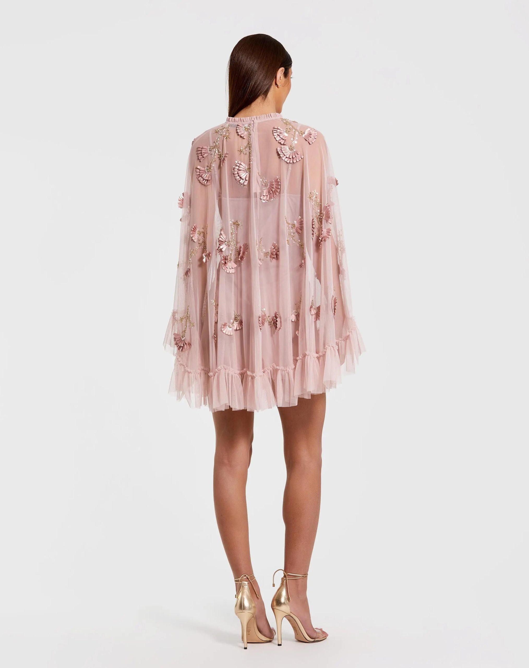 Pink Embellished Long Sleeve Trapeze Dress with Ruffle Hem - Image 3