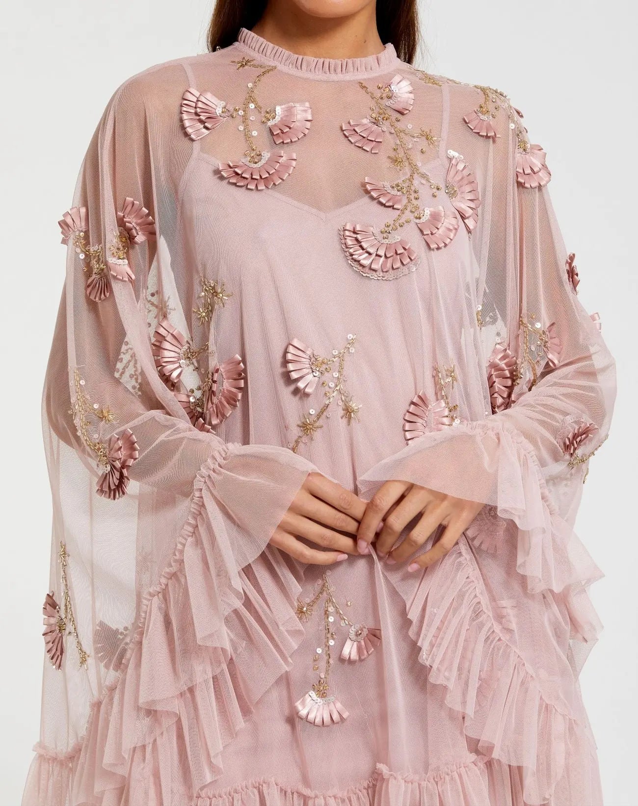 Pink Embellished Long Sleeve Trapeze Dress with Ruffle Hem - Image 2
