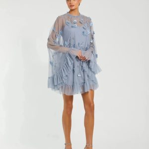 Blue Embellished Long Sleeve Trapeze Dress with Ruffle Hem