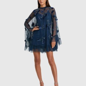 Navy Embellished Long Sleeve Trapeze Dress with Ruffle Hem