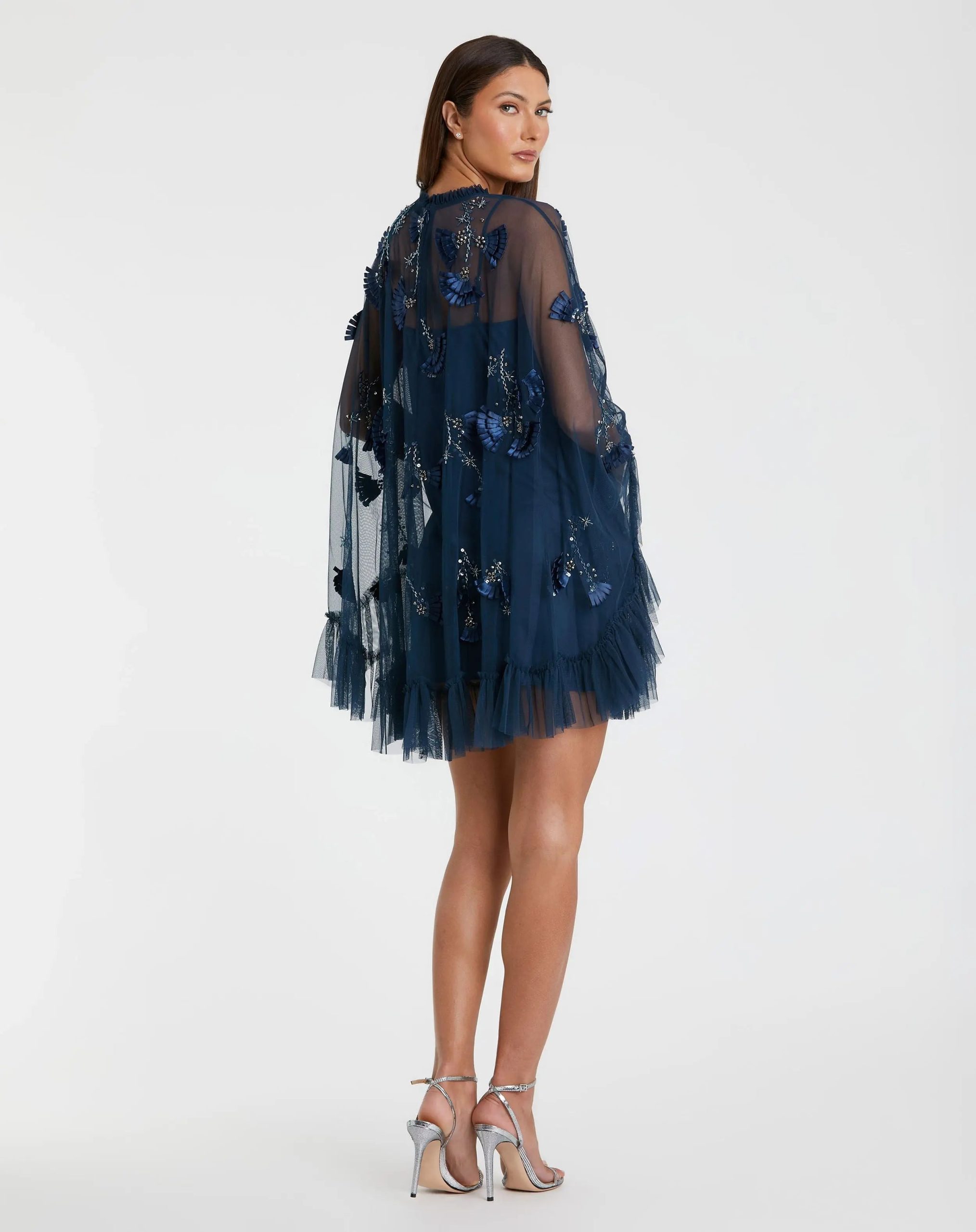 Navy Embellished Long Sleeve Trapeze Dress with Ruffle Hem - Image 3