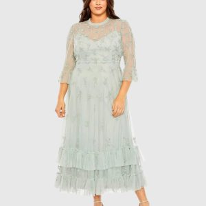 Embellished High Neck Sage Green Dress (Plus)