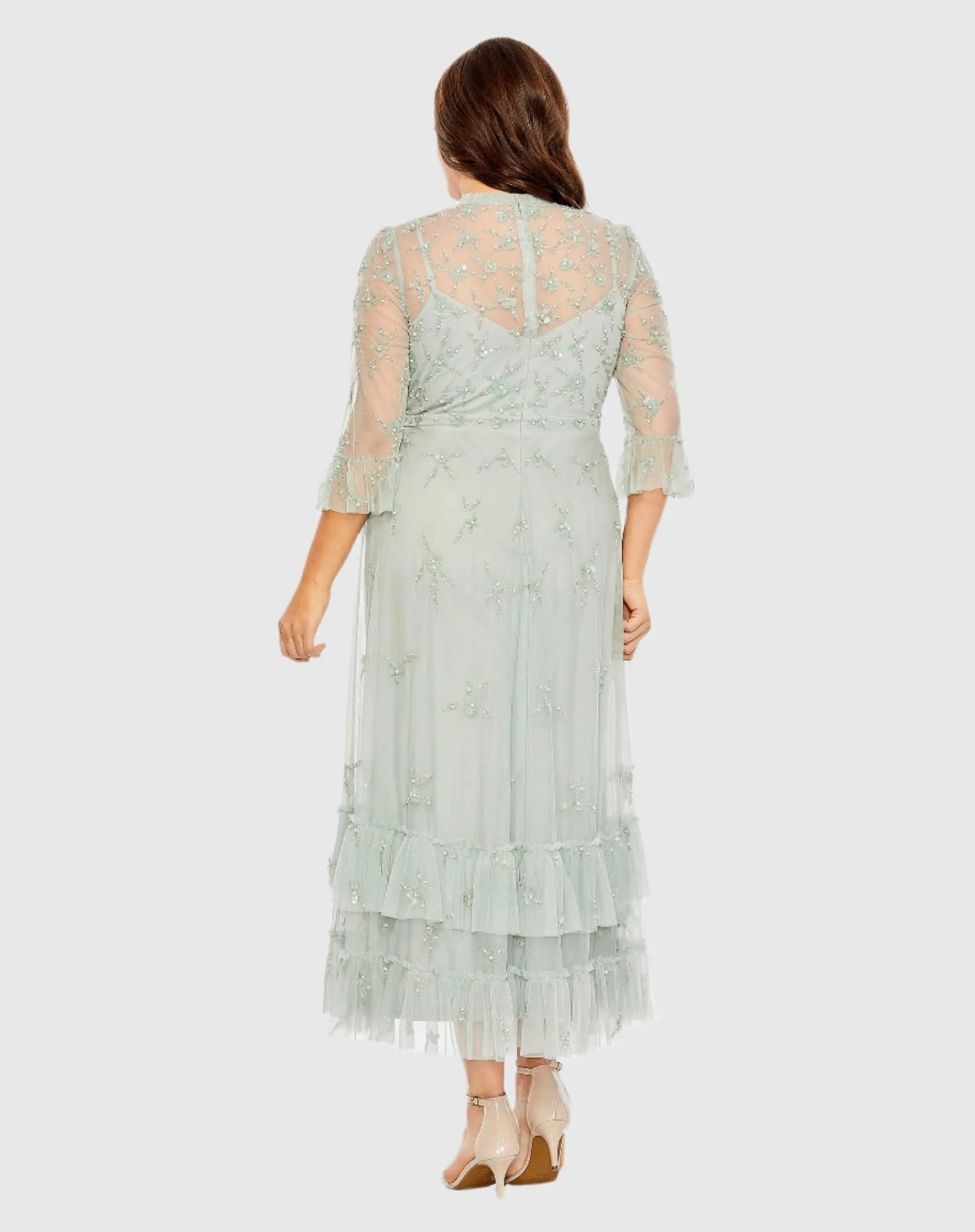 Embellished High Neck Sage Green Dress (Plus) - Image 3