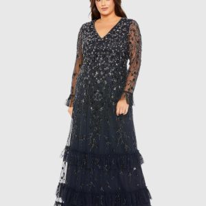 Navy V-Neck Embellished Long Flutter Sleeve Gown