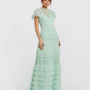 Green Beaded Mesh High Neck Micro Ruffle Gown