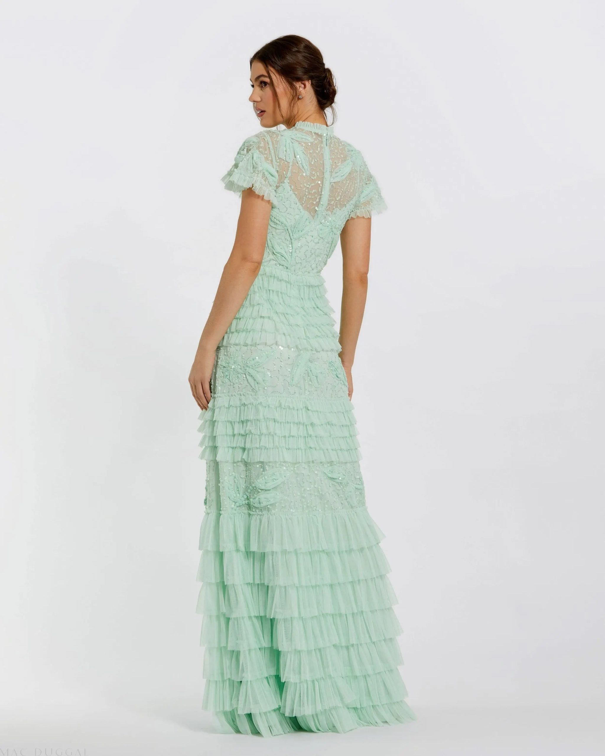 Green Beaded Mesh High Neck Micro Ruffle Gown - Image 3