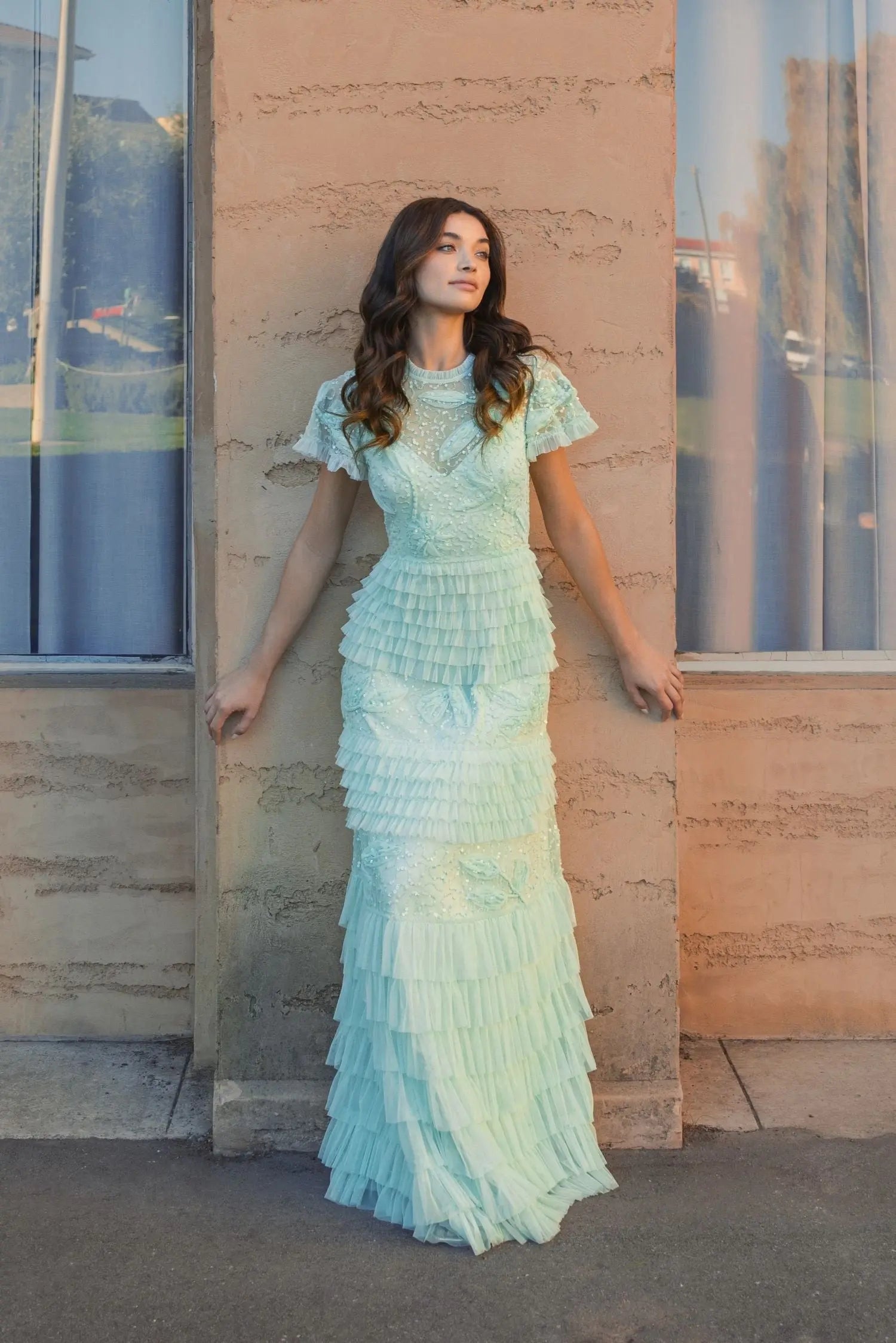 Green Beaded Mesh High Neck Micro Ruffle Gown - Image 4