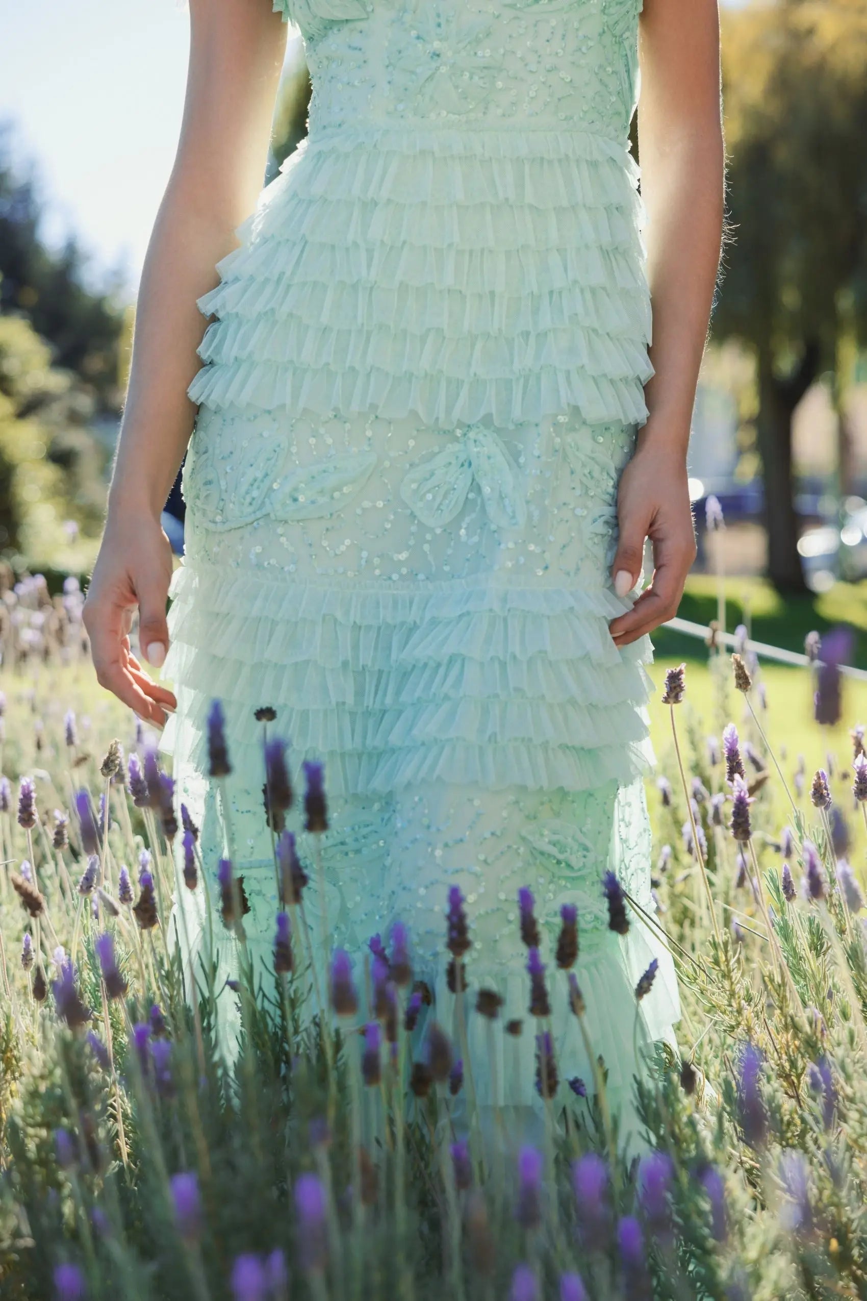 Green Beaded Mesh High Neck Micro Ruffle Gown - Image 5