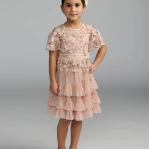 Girls Pink Embellished Flutter Sleeve Ruffle Gown
