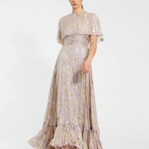 Purple Cape Sleeve A Line Floral Chiffon Gown
