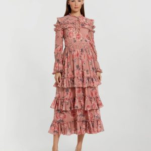Pink Long Sleeve Lace Up Front Tiered Ruffle Dress