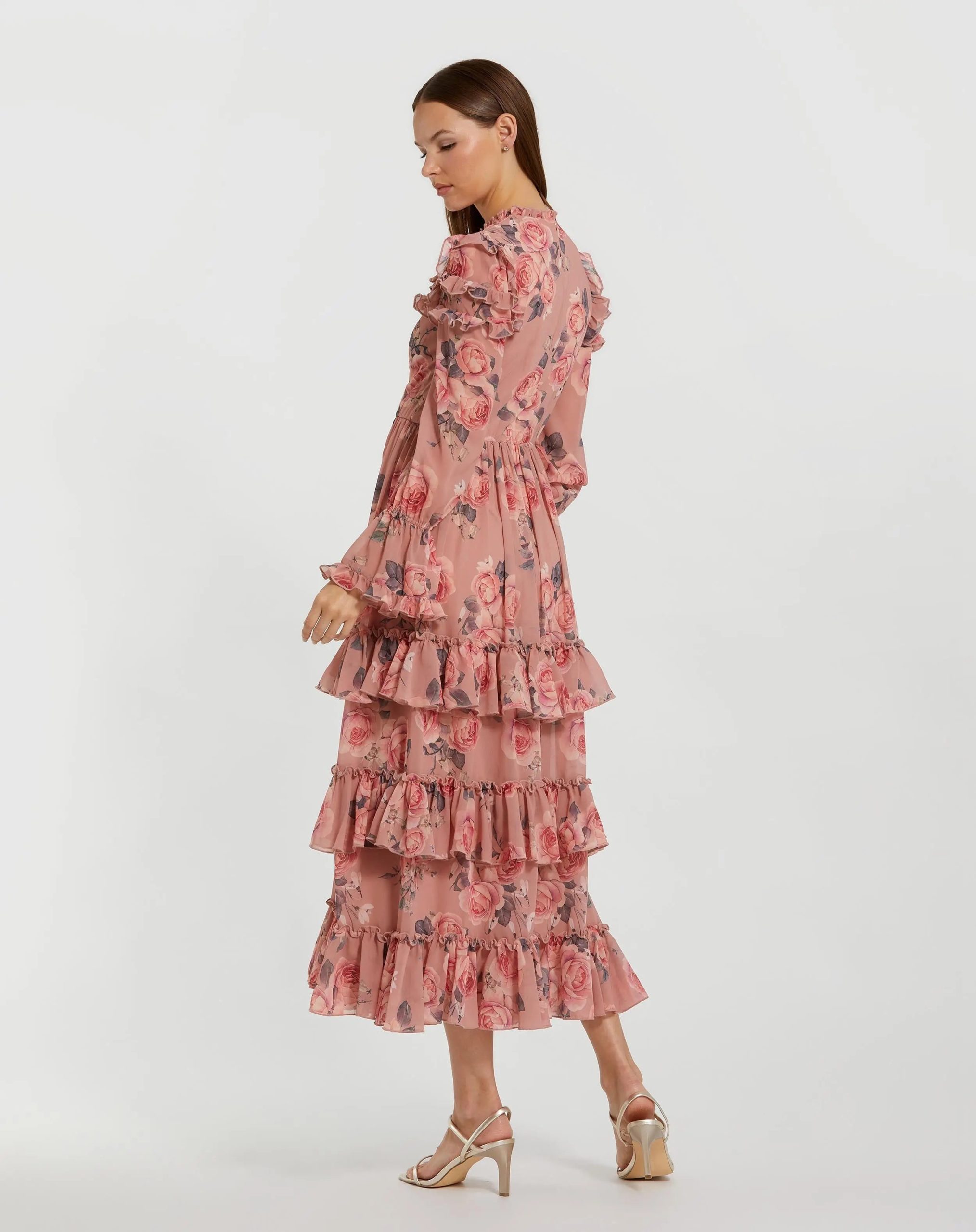 Pink Long Sleeve Lace Up Front Tiered Ruffle Dress - Image 3