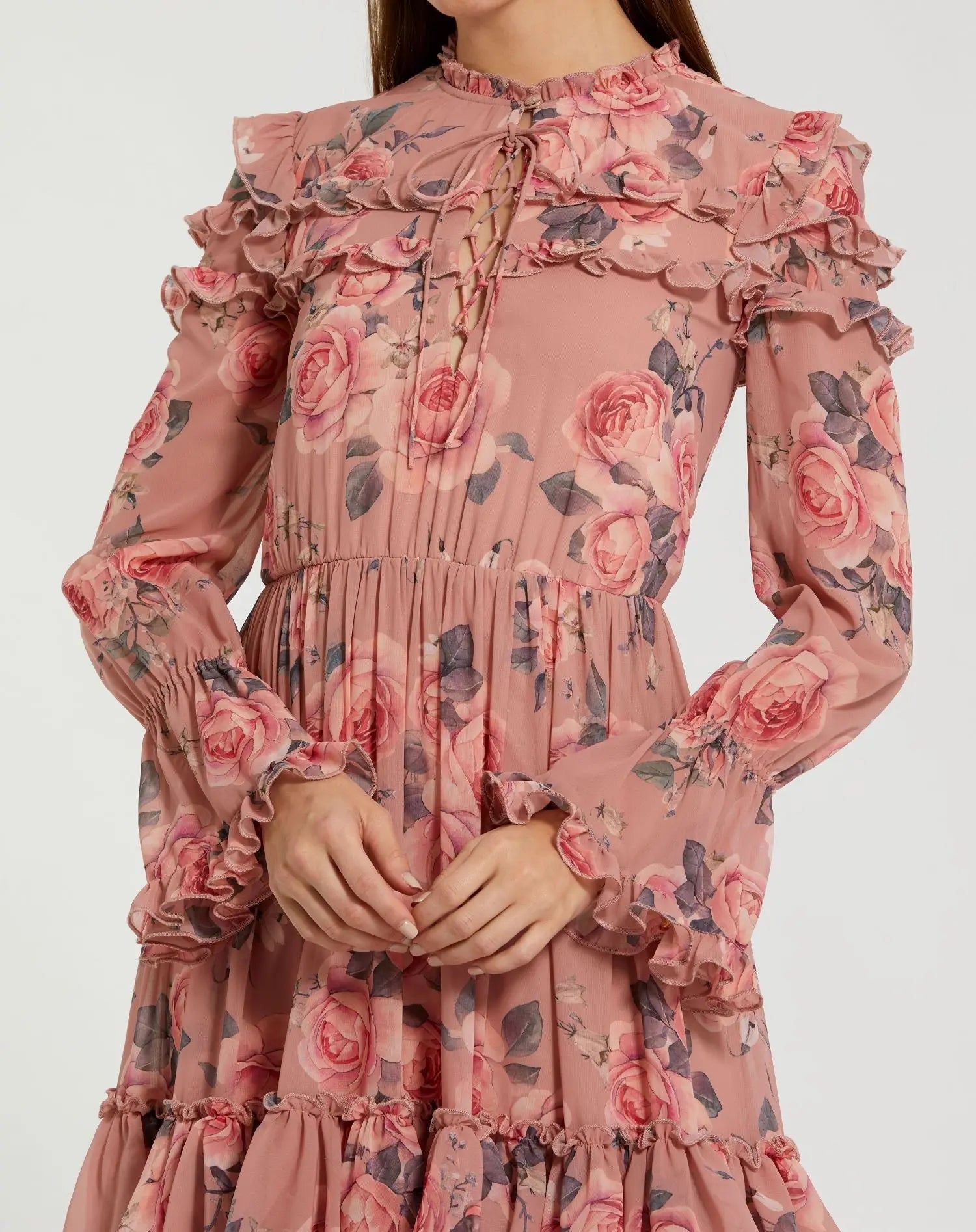 Pink Long Sleeve Lace Up Front Tiered Ruffle Dress - Image 2