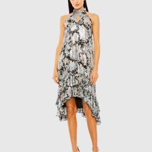 Black Floral High Neck Keyhole Ruffle Mini Dress