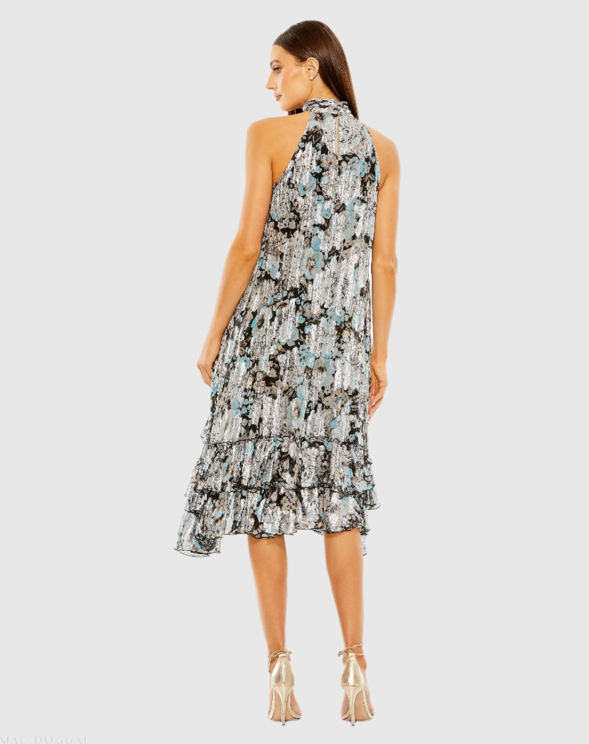 Black Floral High Neck Keyhole Ruffle Mini Dress - Image 3
